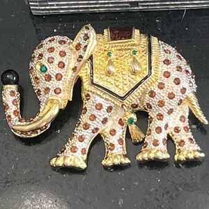 4” BIG circus elephant pin brooch gold emerald black brown statement vintage HSN